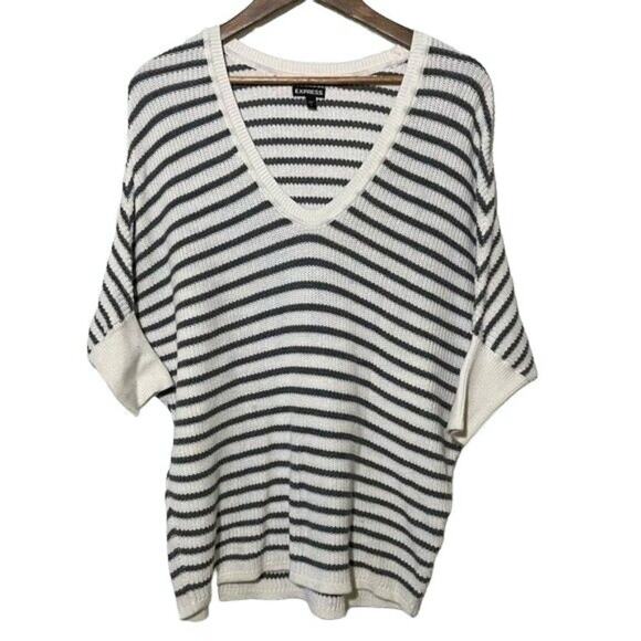 Express  Sweater Women's Size Small Dolman Sleeve White/Gray Stripe Oversized - Picture 1 of 10